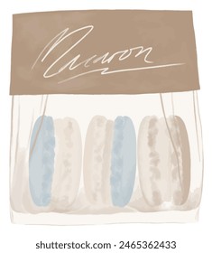 Illustration of multicolor pastel of french macaroons in plastic packaging. Cute design. Pastel colors. Hand drawn vector design