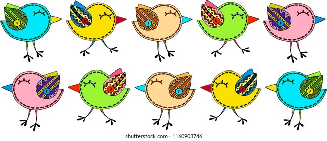 Illustration with multi-colored birdies stylized like made from fabric pieces, with elements of stiches