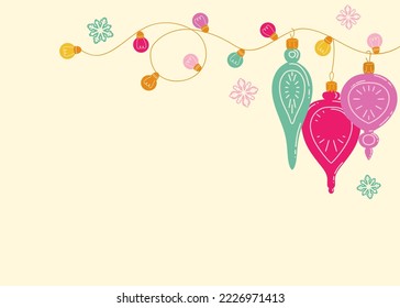 Illustration with multi-colored Christmas toys and colored light bulbs. Festive template with place for text. Vector illustration for postcards, banners and invitations. Happy holiday background.