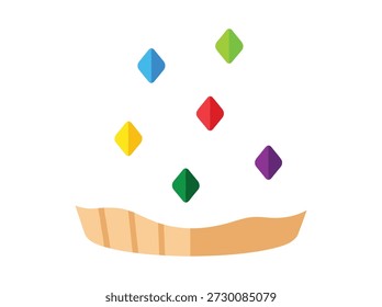 Illustration of multicolored diamond shapes hovering over a wooden surface