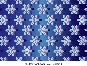 Illustration of a multi-colored floral fabric pattern arranged in a gradient blue background with shadows.