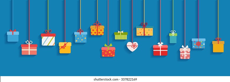 Illustration with multicolored hanging gift boxes on light blue background