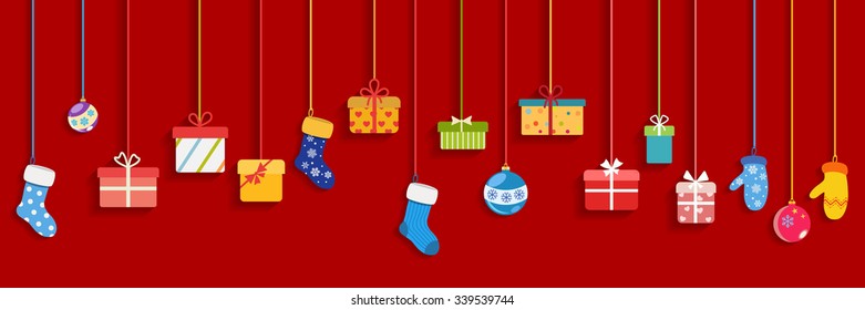 Illustration with multicolored hanging gift boxes, socks, mittens and christmas balls on red background
