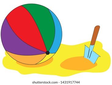 Illustration of a multicolored inflatable ball and a childrens shovel on the sand