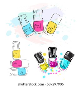 Illustration.Set of multicolored nail polish in a cartoon style. Dancing brushes and bottles filled with transparent varnish. Logo and an illustration for design decoration beauty.Cosmetics collection