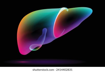 Illustration of a multicolored overlay in the shape of a human liver floating on a black background. Used in advertising, commerce, industry and medicine.