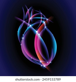 Illustration of multicolored overlays forming the shape of a human heart with bright intersections on a black background. Used in medicine, advertising, commerce, medicine and industry.