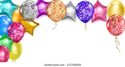 Illustration with multicolored shiny balloons, round and in the shape of stars, with ribbons and shadows, on white background