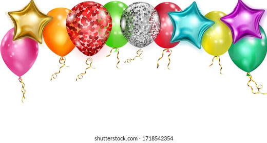 Illustration with multicolored shiny balloons, round and in the shape of stars, with ribbons and shadows, on white background