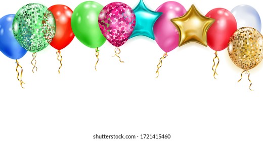 Illustration with multicolored shiny balloons, round and in the shape of stars, with ribbons and shadows, on white background