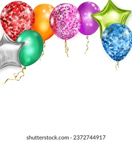 Illustration with multicolored shiny balloons, round and in the shape of stars, with ribbons and shadows, on white background
