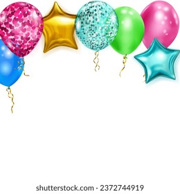 Illustration with multicolored shiny balloons, round and in the shape of stars, with ribbons and shadows, on white background