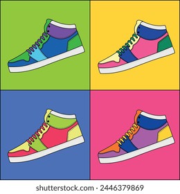 Illustration of multi-colored sneakers on different backgrounds in retro style.