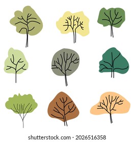 an illustration with multicolored trees with different shapes. Illustration for landscape design. Drawings for the design of the garden project. Landscape architecture