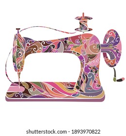 Illustration in multicolored zentangle style, drawing of a retro sewing machine, picture of doodle lines