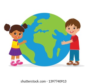 Illustration Of Multicultural Boy And Girl Hugging The Globe. Funny Cartoon Character. Vector Illustration. Isolated On White Background.
