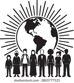 Illustration of multicultural characters standing together beneath a stylized planet earth with radiant sun rays.