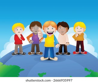 Ilustración de un niño multicultural ser un concepto diferente y el mejor en el fondo del globo