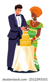 Illustration of a multicultural couple cutting a wedding cake, isolated on a white background. Perfect for diverse and inclusive wedding themes.