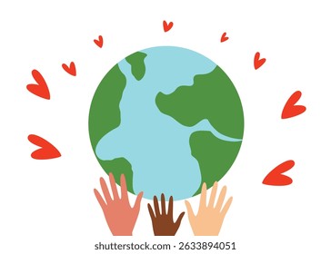 Illustration of multicultural hands lifting the planet surrounded by red hearts, symbolizing global unity, care, and peace.