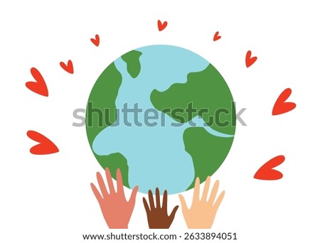 Illustration of multicultural hands lifting the planet surrounded by red hearts, symbolizing global unity, care, and peace.