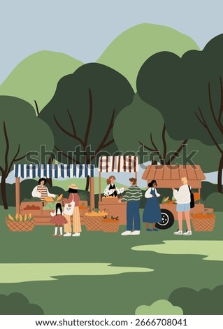 Illustration of multicultural people at summer farmer market as adults women men child African American and European shop for vegetables at stalls in green park. Flat vector illustration.