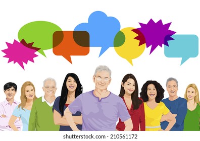Ilustración de personas multiétnicas y burbuja de la voz