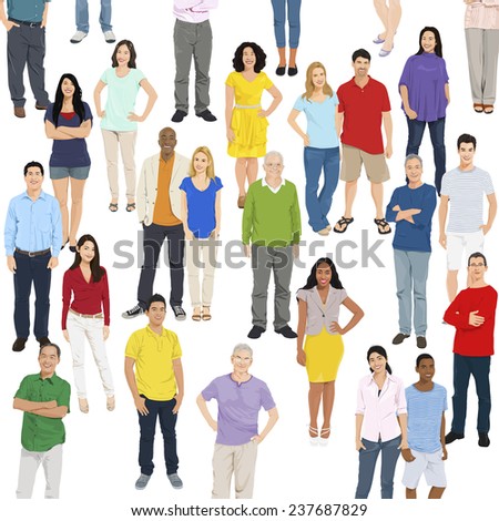 Illustration of Multiethnic People Standing Isolated on White