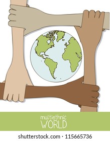 Illustration of multiethnic teamwork,  hands silhouettes in colors, vector illustration