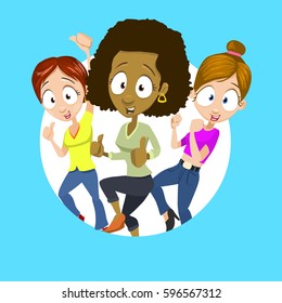 Illustration of multiethnic three laughing young women showing the ok thumbs up hand sign and standing in winning pose