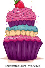 Illustration eines mehrschichtigen Cupcakes mit einer Erdbeere oben