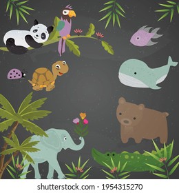 Illustration of multiple animals with plants on night grey sky with stars in background. nature and colour concept digitally generated image.