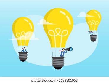 An illustration of multiple businessmen navigating the sky in hot air balloons shaped like light bulbs while using telescopes. Represents concepts of innovation and strategic foresight