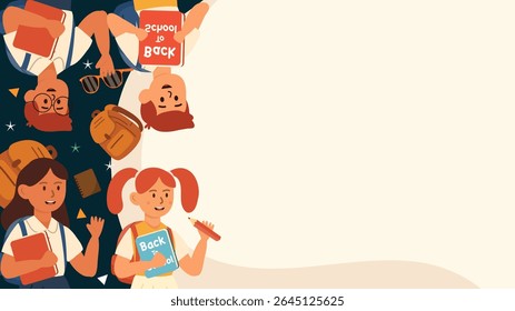 Ilustração de várias crianças que formam uma fronteira em torno de um espaço vazio para mensagens escolares