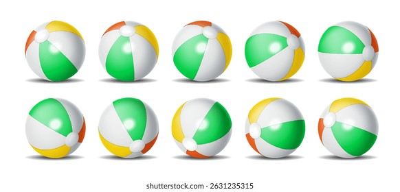 Illustration of multiple colorful beach balls with striped patterns in green, yellow, and orange colors isolated on a white background. Perfect for summer and vacation themes.