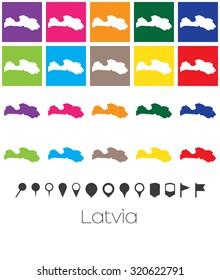 Illustration of Multiple Colours with Pointers of the map of Latvia