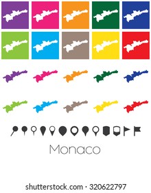 Illustration of Multiple Colours with Pointers of the map of Monaco