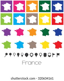 Illustration of Multiple Colours with Pointers of the map of France