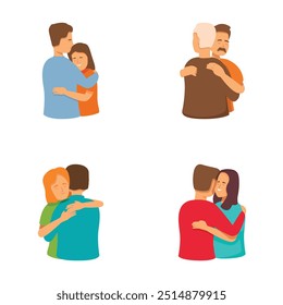 Illustration of multiple couples hugging, showcasing diversity in age and relationship