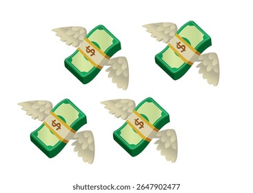 Illustration of multiple flying money bills with wings representing the idea of wealth and opportunity in a creative design concept.
