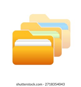 illustration of multiple folders containing colorful files. file categorization, document organization, and data management system. Concept of sorting, grouping, managing digital documents in software