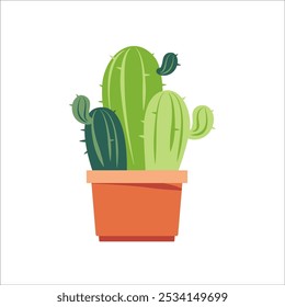 Ilustración de múltiples cactus verdes en una olla de terracota sobre un fondo blanco. Concepto de plantas de interior, jardinería y naturaleza