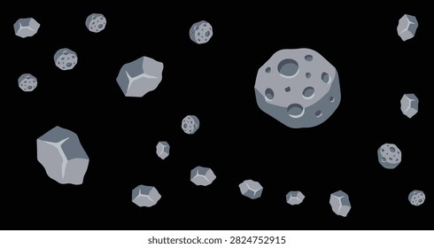 illustration of multiple grey asteroids and irregular space rocks with craters floating in black space background