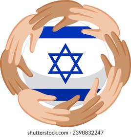 Illustration of multiple hands holding Israel flag symbolizing peace and support