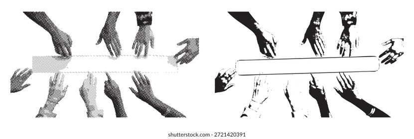 Illustration mehrerer Hände, die mit einem horizontalen Suchfeld interagieren. Diese Grafik stellt Teamarbeit, Verbindung und Online-Suche dar. Ideal für digitales Marketing und User Interface Konzepte.