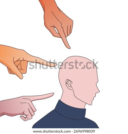 Illustration of multiple hands pointing fingers at a person’s head, symbol of blame, accusation, bullying, criticism, peer pressure, judgment, and negative social interaction concept