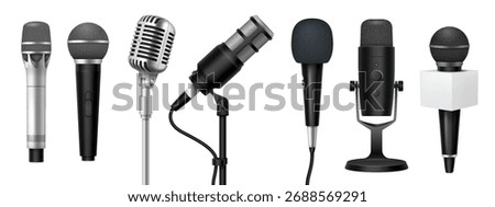 Illustration of multiple microphones in realistic style. Displaying different designs on white background. Used for music and broadcasting visuals.