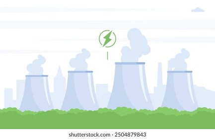 Illustration mehrerer Kernkraftwerk-Kühltürme mit grünem Energiesymbol. Stellt saubere Energie, Stromerzeugung und nachhaltige Technologie dar.