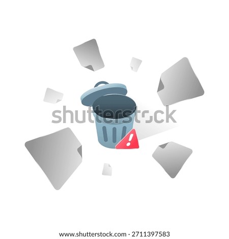 Illustration of multiple paper sheets flying into trash bin. delete all action, data removal, file cleanup, or permanent deletion. concept for ui alerts, confirmation dialogs, system warnings