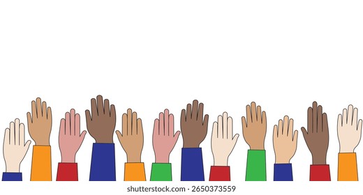 Illustration of multiple raised hands of diverse skin tones, symbolizing unity, support, and inclusion. Brightly colored sleeves emphasize individuality and collective collaboration.
